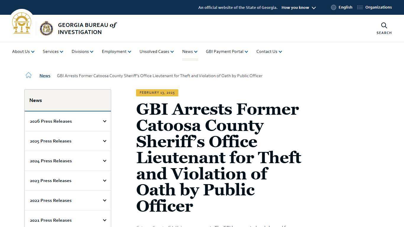 GBI Arrests Former Catoosa County Sheriff’s Office Lieutenant for Theft and Violation of Oath by Public Officer | Georgia Bureau of Investigation